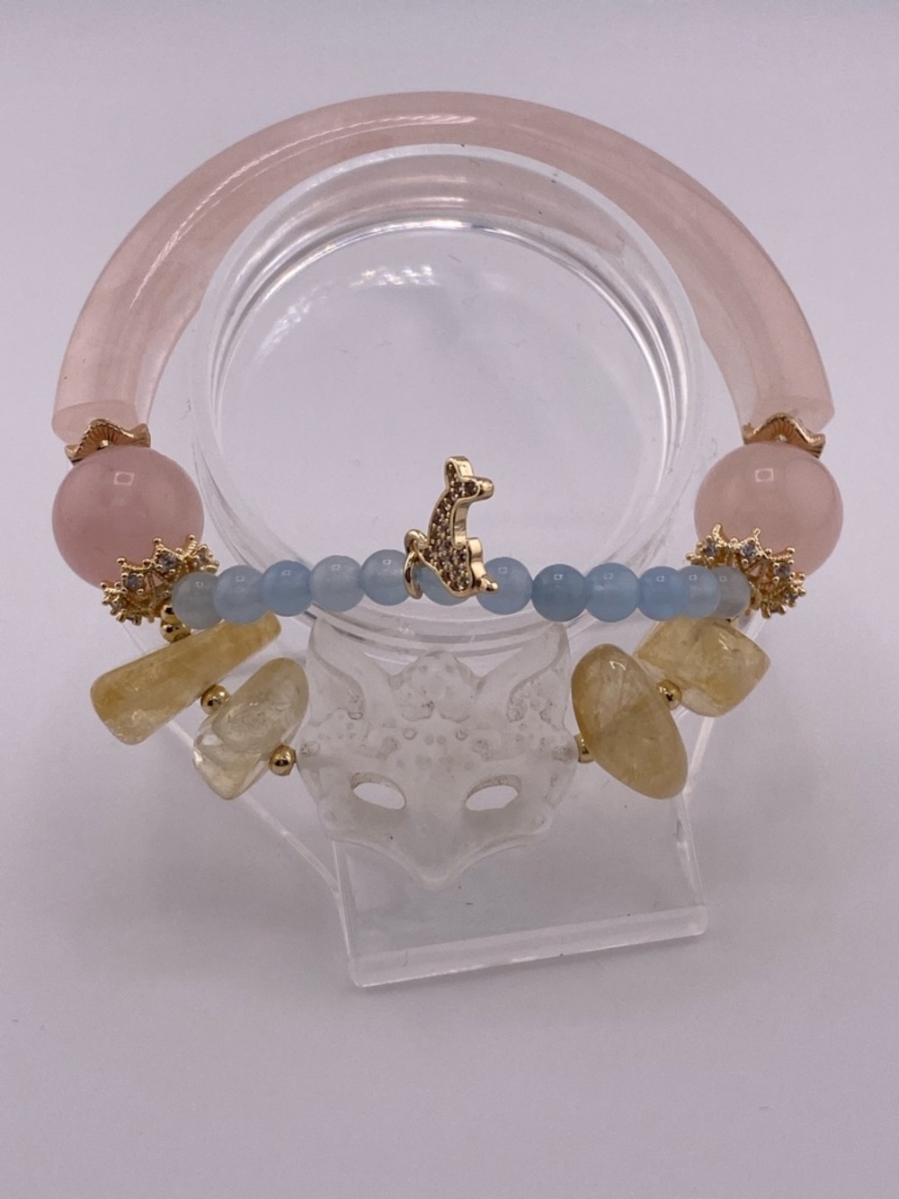 Rose Quartz Half Bangle with Gemstone Accents | Elegant Crystal Bracelet